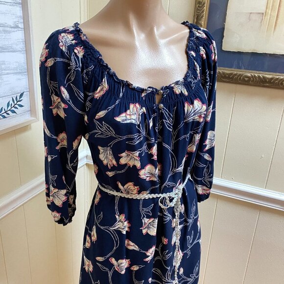 LUCKY BRAND Women's Small floral navy blue dress knee length 3/4 sleeve shift - Picture 2 of 7